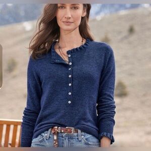 NWOT Sundance “ Edwina”Ruffle Trim Cashmere blend Sweater —Deep Navy —Size PM